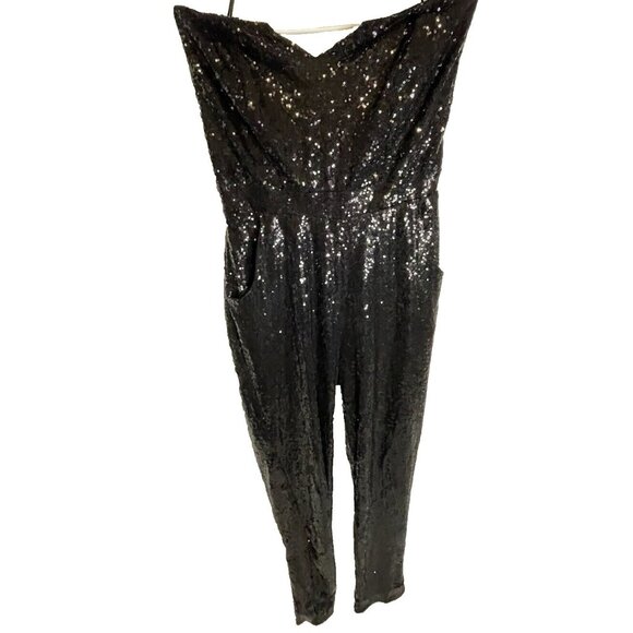 Black Sequin Strapless Jumpsuit 2X Long Pants Black Stretch Curvy Sense Pull On - Picture 10 of 16
